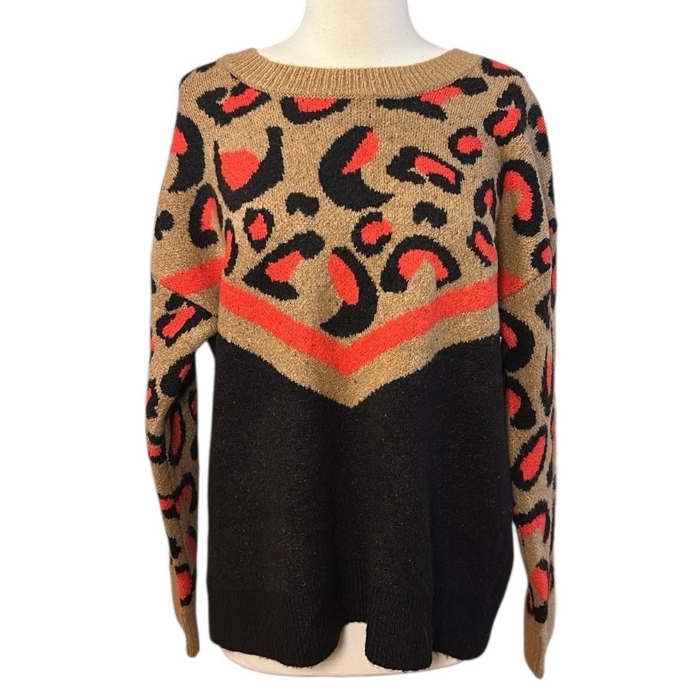 NWT Evereve Peyton Jensen Black Tan Red Chevron Leopard Print Sweater size Large